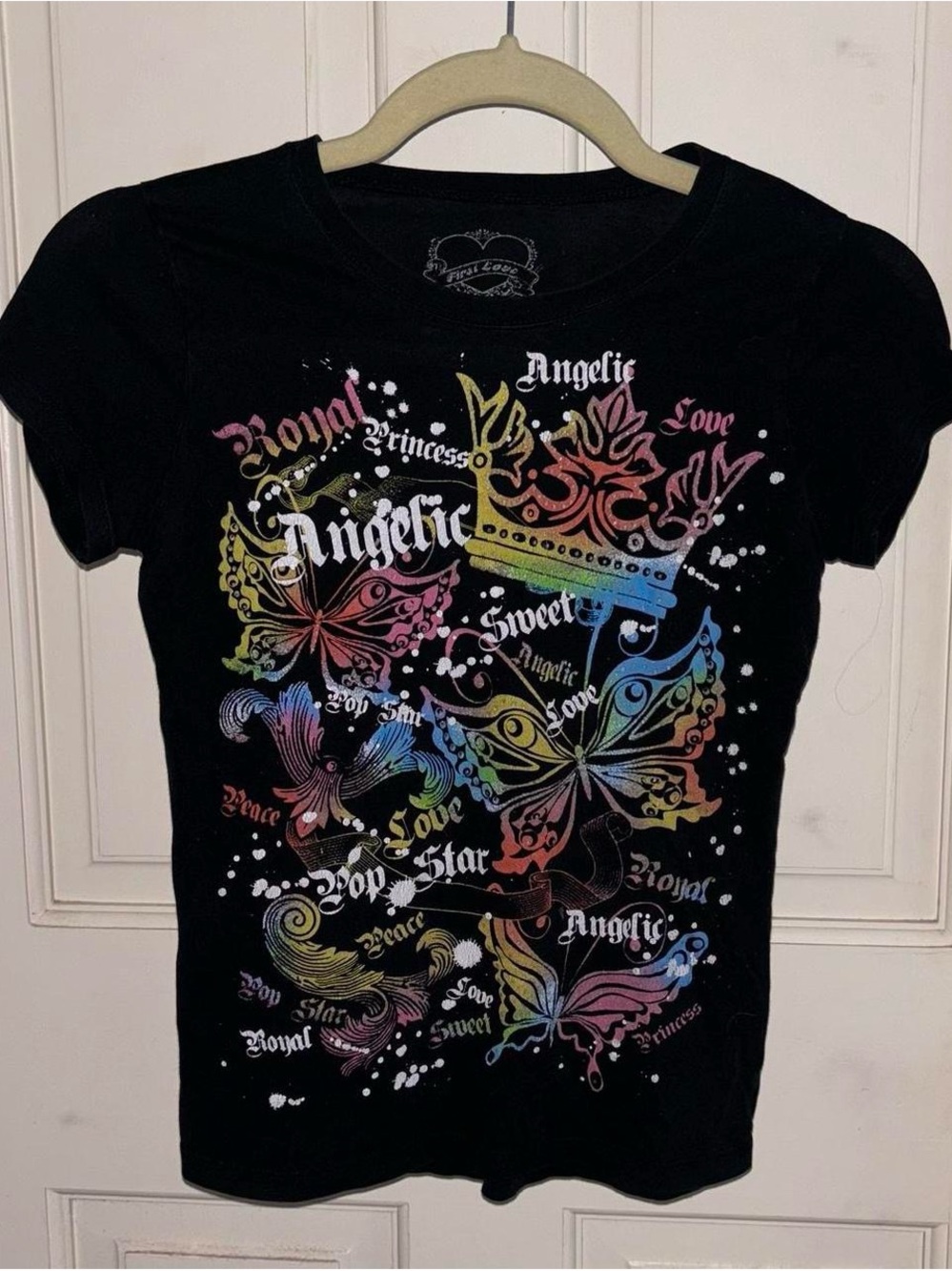 First Love Black Short-Sleeve Tee with Rainbow Butterfly Graphic